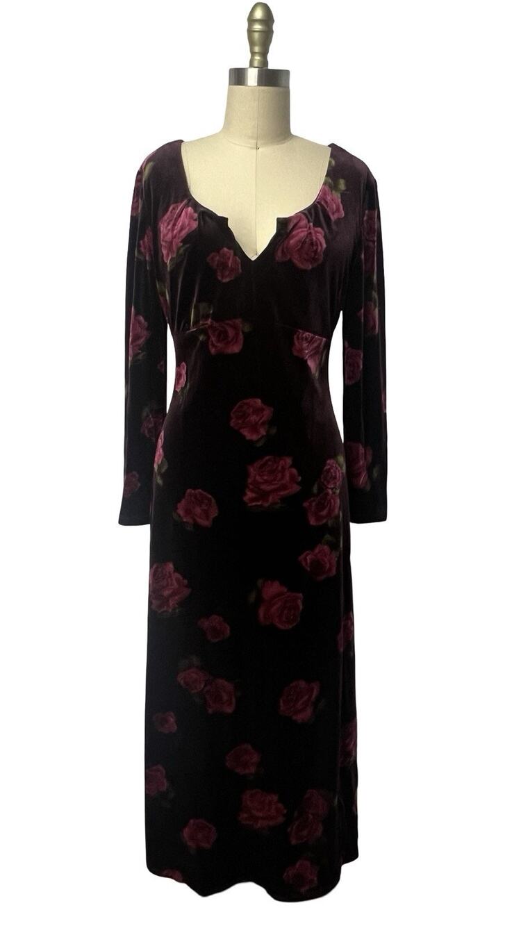 VTG 90s Velvet Maxi Dress Sz 8 Burgundy Roses Whimsigoth Vamp Y2K Dark Romantic